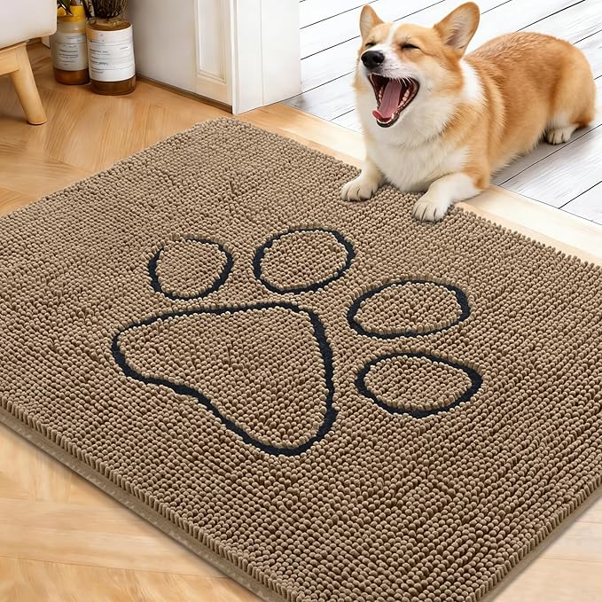 OLANLY Dog Door Mat for Muddy Paws 40x32, Paw Print Design, Absorbs Moisture and Dirt, Absorbent Non-Slip Washable Doormat, Quick Dry Chenille Mud Mat for Dogs, Entry Indoor Entryway Carpet, Tan by OLANLY