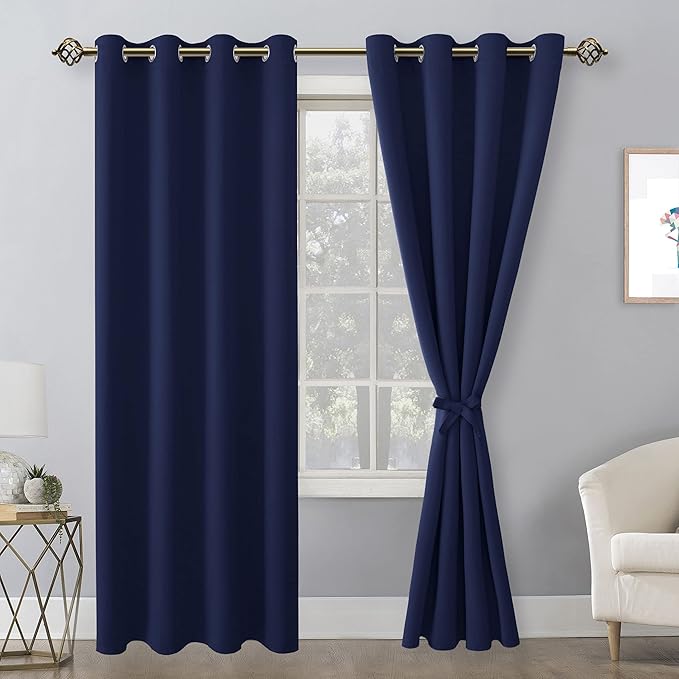 Hiasan Blackout Curtains for Bedroom, 52 x 84 Inches Long - Thermal Insulated & Light Blocking Window Curtains for Living Room, 2 Drape Panels Sewn with Tiebacks, Navy Blue - Image 2