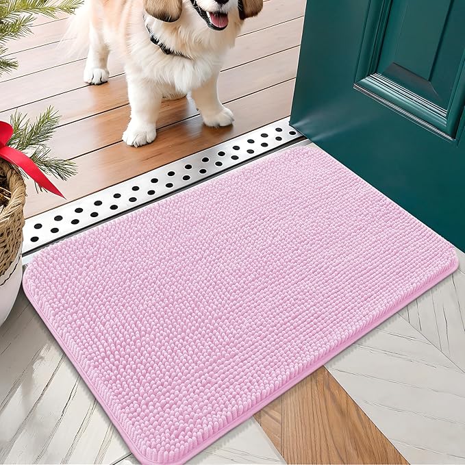 OLANLY Dog Door Mat for Muddy Paws 24x16, Absorbs Moisture and Dirt, Absorbent Non-Slip Washable Doormat, Quick Dry Chenille Mud Mat for Dogs, Entry Indoor Entryway Carpet for Inside Floor, Pink by OLANLY