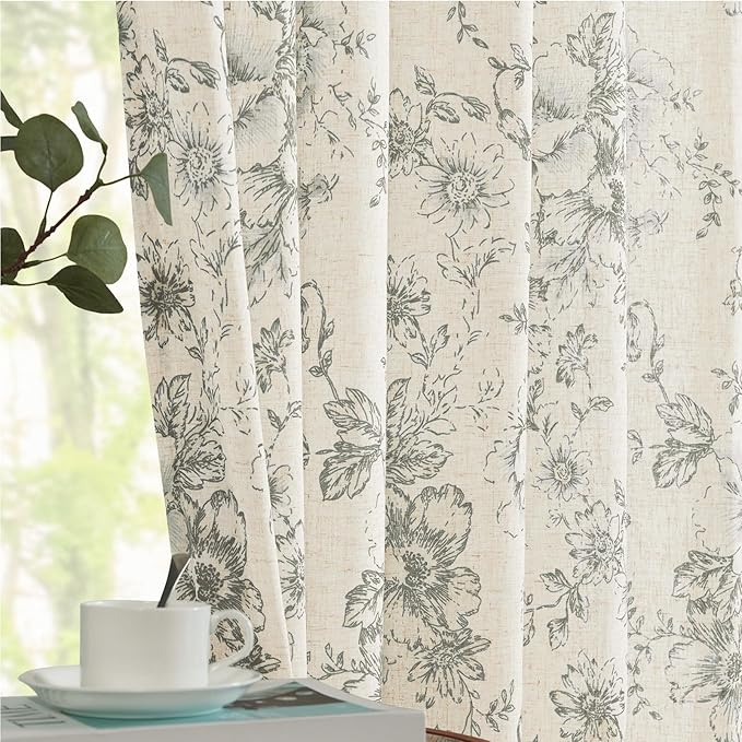 jinchan Lined Linen Blend Curtain Floral Curtains for Living Room 96 Inches Long Grey Peony Flower Printed Curtain Back Tab Farmhouse Patterned Drapes Bedroom Window Curtains Set 2 Panels - Image 7