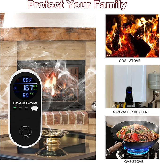 2 Packs Combination Natural-Gas and Carbon-Monoxide-Detector,Koabbit 4-in-1 CO/LPG/LNG Explosive Gas Detector Alarm with Temperature(°F) & Humidity for Home,RV,Hotel,Apartment - Image 6