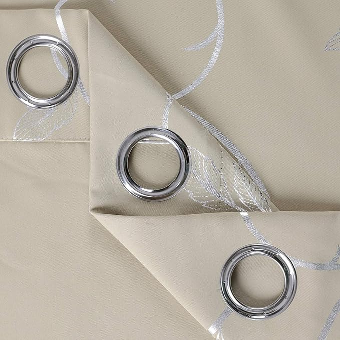 BUHUA Silver Grey Blackout Curtain 2 Panel Set Vine Foil Print Thermal Insulated Drapes Room Darkening Curtains Grommet Window Treatment, 66 x 72 Inch, Beige - Image 5