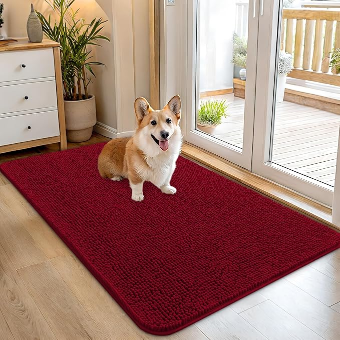 OLANLY Dog Door Mat for Muddy Paws 45x27, Absorbs Moisture and Dirt, Absorbent Non-Slip Washable Doormat, Quick Dry Chenille Mud Mat for Dogs, Entry Indoor Entryway Carpet for Inside Floor, Red by OLANLY