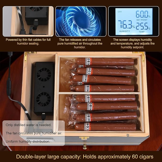 Cigar Humidor Cabinet with Electric Humidifier Precision Humidity Control Digital Display Double-Layer Cedar Shelves Glass Top Accessory Drawer, 65-Cigar Capacity, Father's Day Gift for Men (Brown) - Image 4