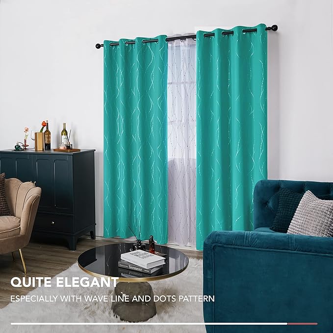 Deconovo Blackout Curtains for Living Room, Thermal Insulated Soundproof Drapes with Wave Dot Foil Print, 52 x 84 Inch, Set of 2, Machine Washable Window Curtain for Bedroom Nursery Kitchen, Turquoise - Image 8