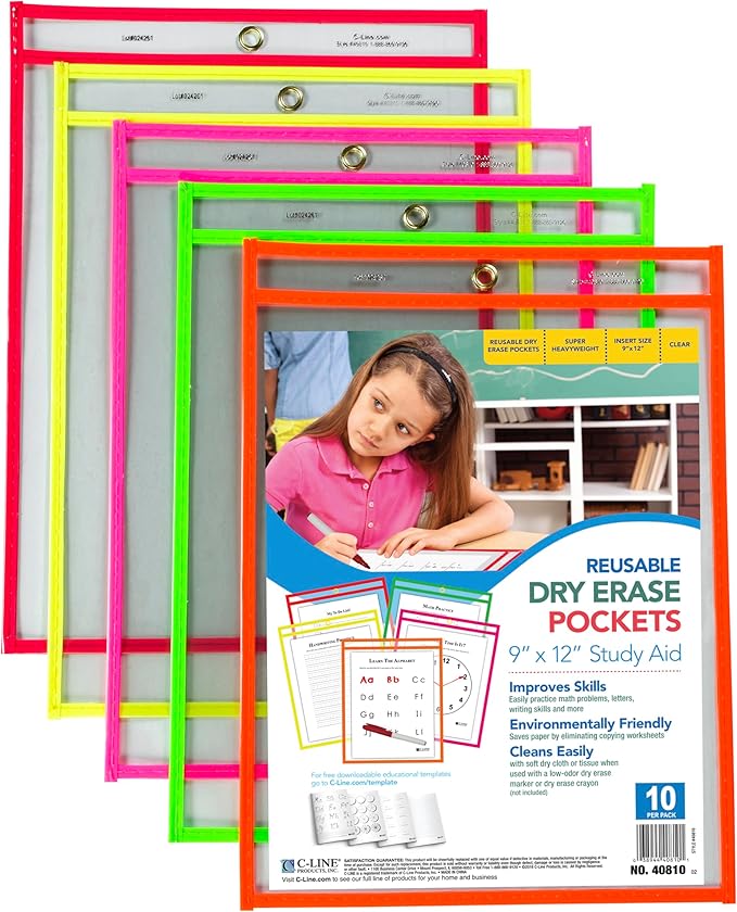 C-Line Reusable Dry Erase Pockets, 9 x 12 Inches, Assorted Neon Colors, 10 Pockets per Pack (40810) - Image 2
