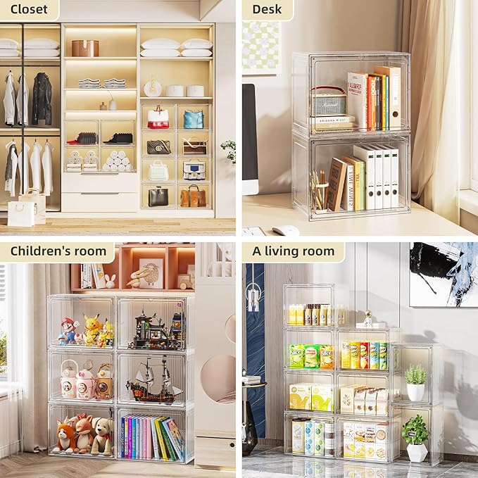5 Pack Stackable Storage Bins with Lids, White Plastic Storage Container with Clear Lids, Clear Display Case with Magnetic Door for Purse, Handbag, Figure, Collectibles, Doll, Bag, 14.2"x8.66x10.6" - Image 3