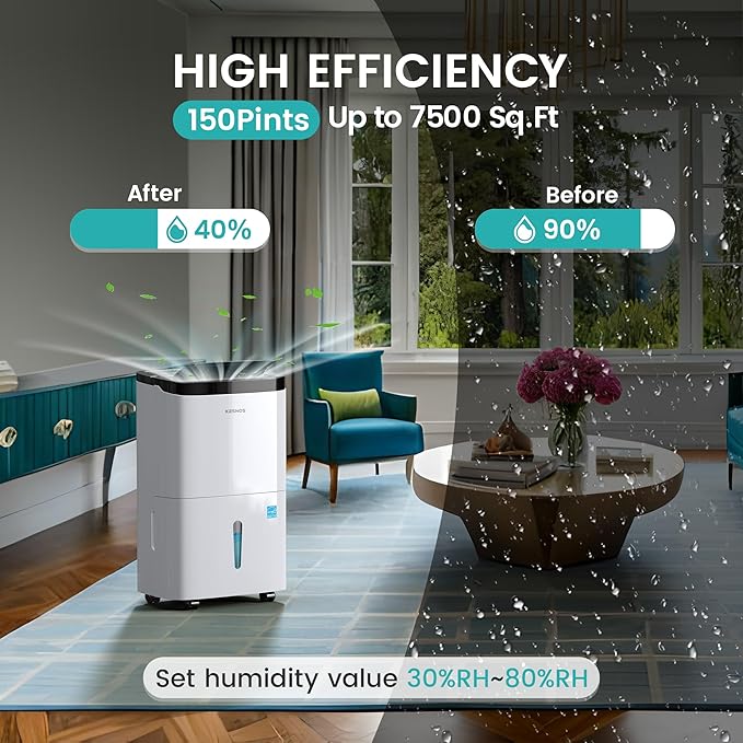 Kesnos 150 Pints 2025 Energy Star Dehumidifier for Home, Basement with Drain Hose & Large Tank, Ideal for Spaces up to 7,500 Sq. Ft. - Portable Commercial Dehumidifier with Auto Defrost & Self-Drying - Image 3