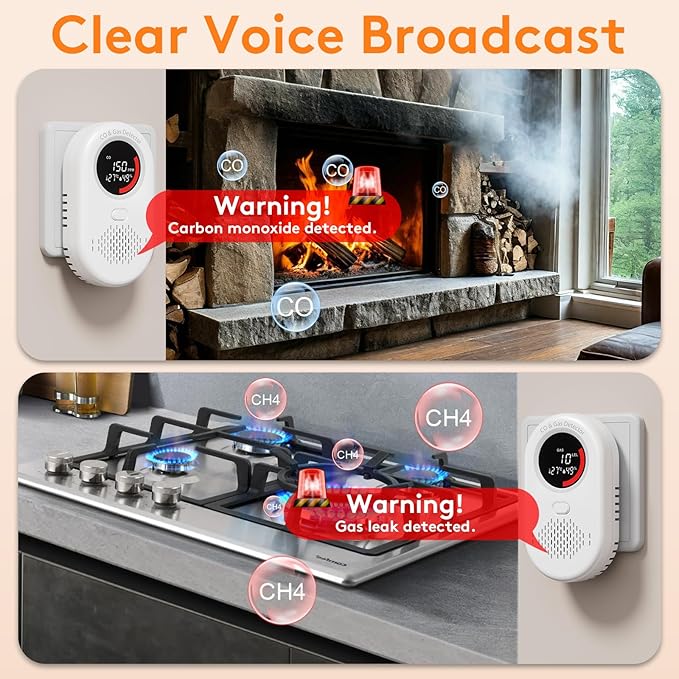 3 Pack Carbon Monoxide Detectors Plug in, Voice Broadcast 4-in-1 Portable Natural Gas Leak Detector with LCD Display, Carbon Monoxide & Methane Gas Alarm with Temp and Humidity for Home Travel RV - Image 6