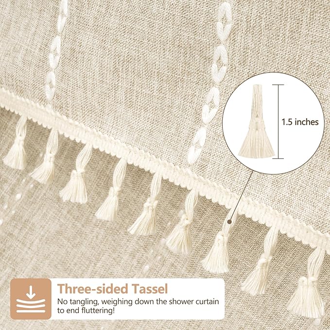 Boho Farmhouse Beige Linen Textured Shower Curtain, 72 x 84 Inch Extra Long Soft Fabric Shower Curtain Heavyweight with Tassels, Cream White Striped Bathroom Décor Curtain Water Repellent - Image 4