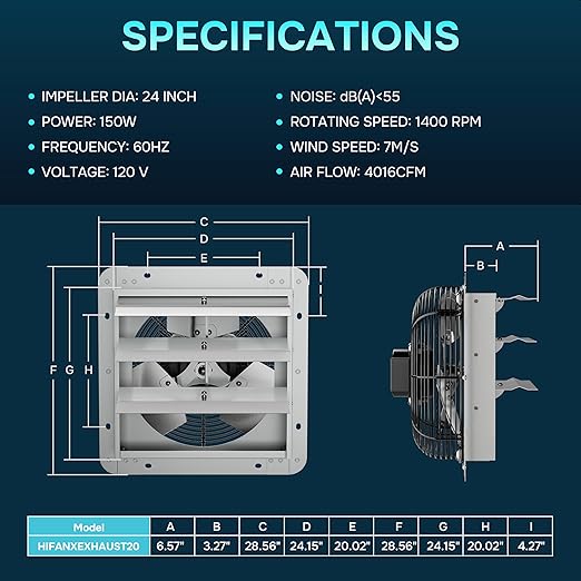 Simple Deluxe 24 Inch Wall Mounted Shutter Exhaust Fan, Aluminum, 1400 RPM, 4016 CFM, for Attic, Garage, Louvered Vent, Plant, Greenhouse, Silver - Image 3