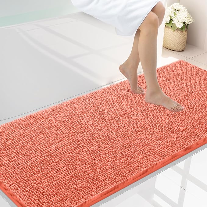 Smiry Luxury Chenille Bathroom Rugs 59x24, Extra Soft and Absorbent Shaggy Bath Mat, Machine Washable, Non-Slip Plush Carpet Runner for Tub, Shower, and Floor, Home Decor Accessories, Coral by Smiry