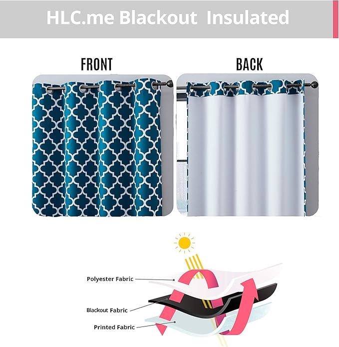 HLC.ME Lattice Print 63 Inch Blackout Curtains - Thermal Insulated Sleep Well Room Darkening Grommet Window Drapes Curtain Panels for Bedroom - Dark Teal Blue - Set of 2-52 x 63 Inch Length - Image 3