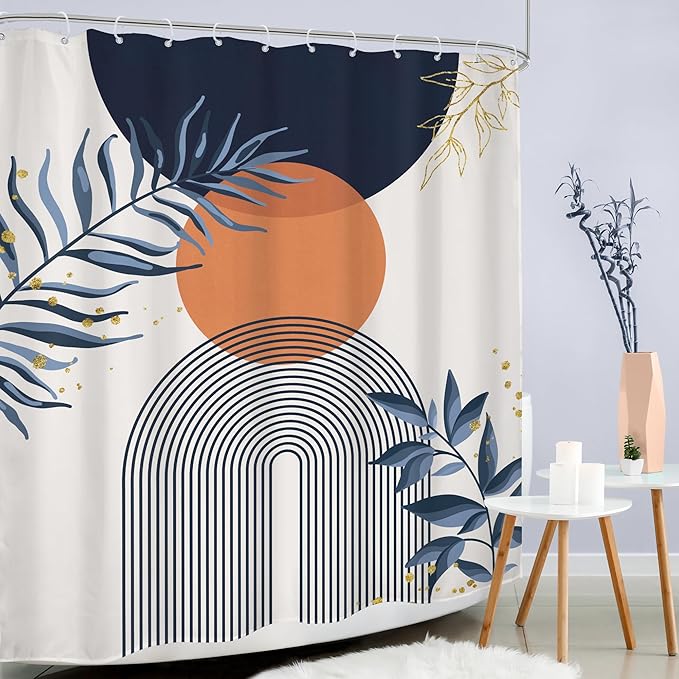 Navy Blue Boho Shower Curtain 60Wx72H Modern Abstract Bohemian Blue Gold Leaves Orange Minimalist Mid Century Plant Arch Bathroom Decor Neutral Geometric Bath Curtain Polyester 12 Pack Hooks - Image 3