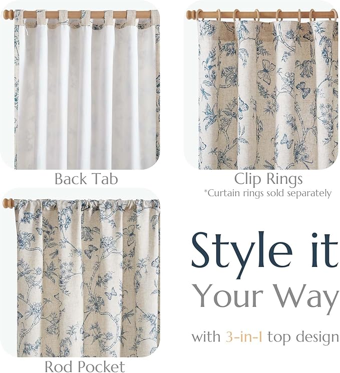 jinchan Floral Curtains Lined Linen Blend Curtain for Living Room 84 Inch Length Blue Flower Patterned Curtain French Country Farmhouse Curtains Drapes Back Tab Rod Pocket 2 Panels - Image 4