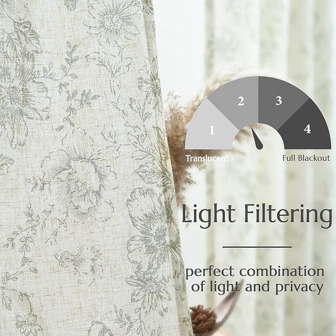 jinchan Linen Floral Curtains 100 Inch Extra Wide for Patio Sliding Glass Door Room Divider Curtain for Living Room 90 Inch Length Farmhouse Peony Green Printed Curtain Set 1 Panel - Image 6