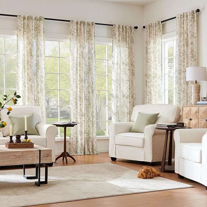 jinchan Linen Blend Floral Curtains for Living Room 90 Inch Length Farmhouse Printed Curtain Rod Pocket Back Tab Sage Green Peony Flower Patterned Drapes Bedroom Curtains Set 2 Panels - Image 3