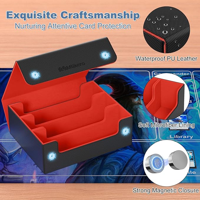 Mlikero Card Deck Case, 1800+ Trading Card Storage Box with 10 Dividers and 3 Foam Stoppers, Leather Magnetic Closure Commander Deck Box Fit for YuGiOh, MTG and Sport Cards(Black&Red) - Image 4