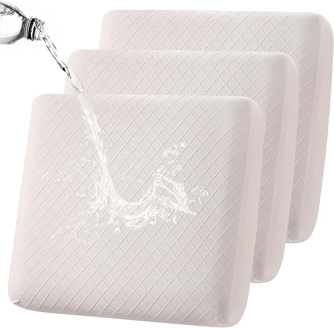 Fuloon Waterproof Seat Cushion Covers 3 PCS, Stretch Sofa Cushion Slipcovers Couch Covers Solid Washable Furniture Protector Suitable for Armchair Loveseat Sofa (Pale Beige) by Fuloon