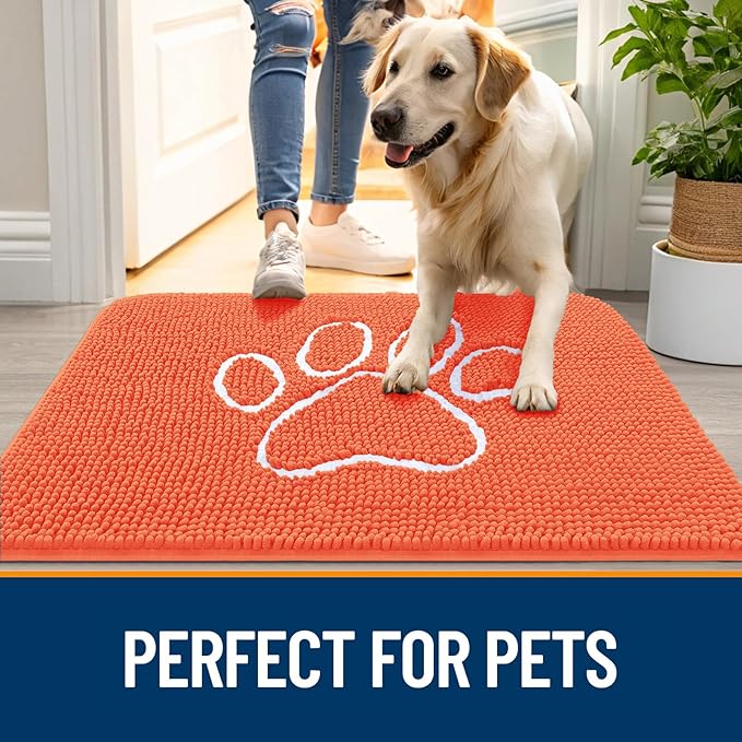 OLANLY Dog Door Mat for Muddy Paws 30x20, Paw Print Design, Absorbs Moisture and Dirt, Absorbent Non-Slip Washable Doormat, Quick Dry Chenille Mud Mat for Dogs, Entry Indoor Entryway Carpet, Coral - Image 6