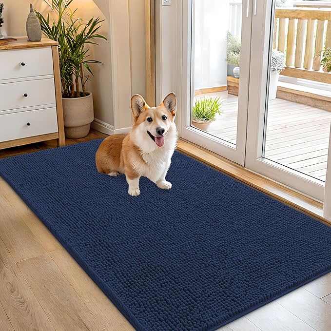 OLANLY Dog Door Mat for Muddy Paws 54x32, Absorbs Moisture and Dirt, Absorbent Non-Slip Washable Doormat, Quick Dry Chenille Mud Mat for Dogs, Entry Indoor Entryway Carpet for Inside Floor, Dark Blue by OLANLY