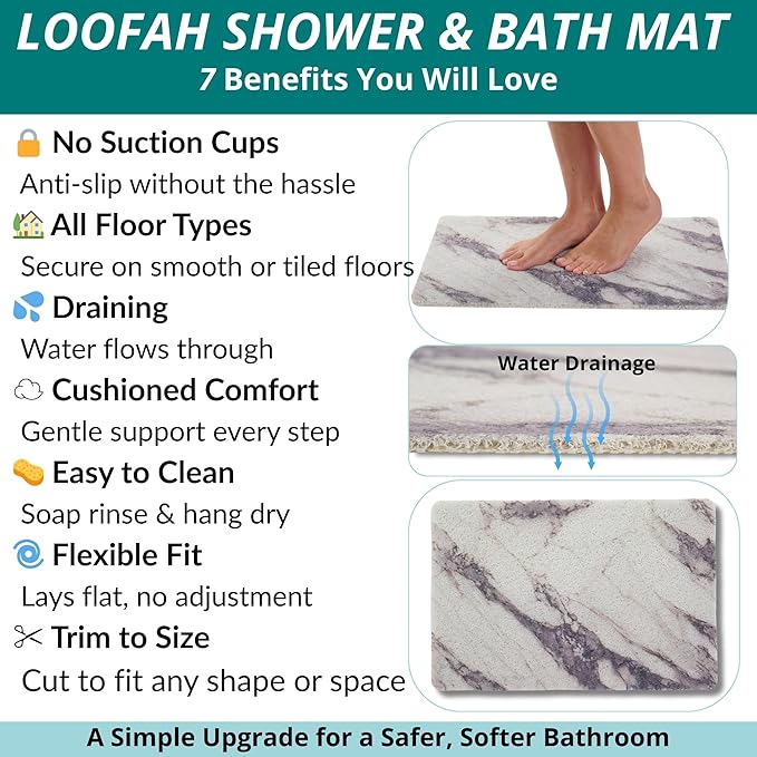 ENKOSI Loofah Non-Slip Shower and Bath Mat - Soft Cushioned Comfort - No Suction Cups for Smooth or Textured Tubs - Fast Draining - Safety for Bathroom, Family, and Elderly (24x16 Marble Grey) - Image 4