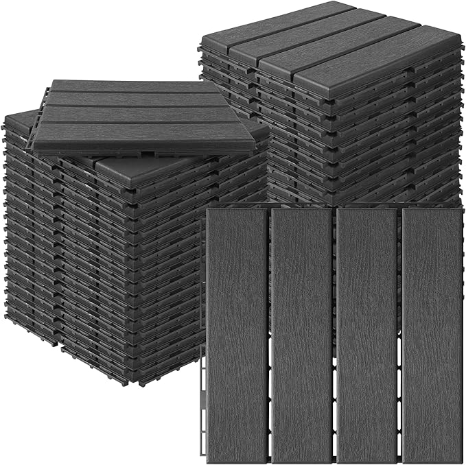 MYFAMIREA 36 Pcs Plastic Interlocking Deck Tiles 12" x 12" Patio Floor Decking Tiles Indoor Outdoor Waterproof Non-Slip Flooring Tiles All Weather Use for Balcony Backyard Porch Poolside, Dark Grey by MYFAMIREA