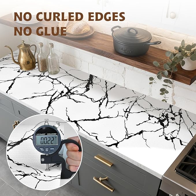2-Layer Drawer and Shelf Liner for Kitchen Cabinet: 12 in X 20 Ft Non Slip Waterproof Shelf Paper Non Adhesive Refrigerator Liners White/Black Marble Easy Liners for Bathroom with Knife Tape Measure - Image 8