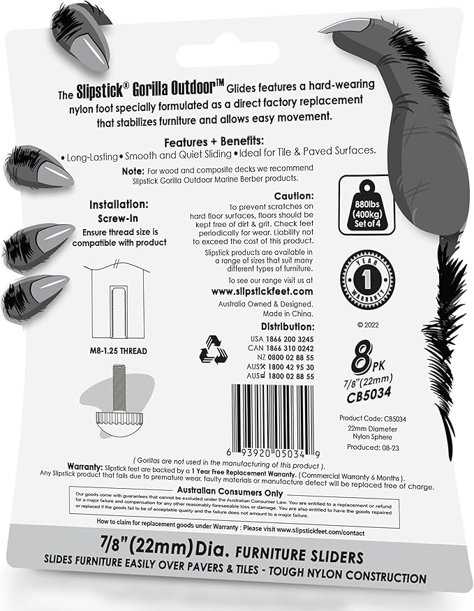 Slipstick Gorilla Outdoor Adjustable Furniture Levelers (8 Pack) Weatherproof Screw in Leg Glides for Chairs, Tables, and Outdoor Furniture Feet, 7/8 Inch Nylon Spherical Glide, M8 Thread - Image 8