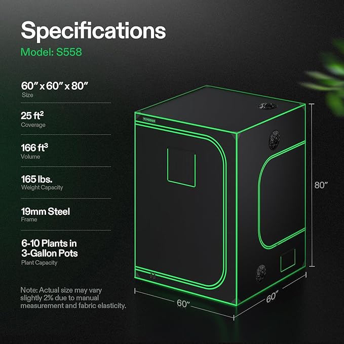 VIVOSUN S558 5x5 Grow Tent, 60"x60"x80" High Reflective Mylar with Observation Window and Floor Tray for Hydroponics Indoor Plant for VSF6450 - Image 7