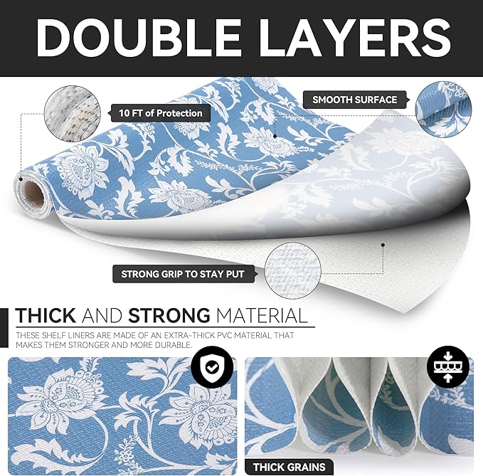 RAY STAR Shelf Liner, Non Adhesive Blue Floral Kitchen Cabinet Liner for Pantry Drawer, Strong Grip Non Slip Waterproof, Shelf Liners for Kitchen Cabinets Cupboard 12 Inch x 10 FT (2 Rolls) - Image 7