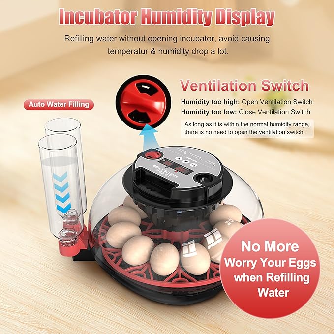 12 Egg Incubator with Temperature Control, Humidity Display, Automatic Egg Turner and Candler, Automatic Water Bottle Refill, for Hatching Chickens/Ducks/Gooses/Quail - Image 3