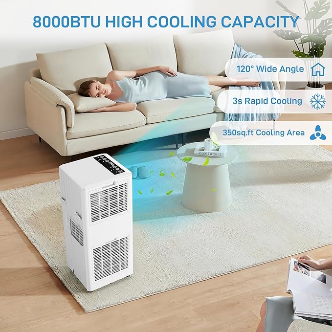 8000 BTU Portable Air Conditioner for Room, Portable AC Air Conditioner with Remote Control & Window Kit, 4-in-1 Air Conditioner Cools Up To 350 sq. ft, 1-24H Timers - Image 7