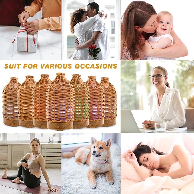 Essential Oil Diffuser - Multifunction Aromatherapy Diffuser 7 LED Color Changing Light 100ML Rattan Diffuser Easy to Clean Suitable for Home,Office (Tan) - Image 5