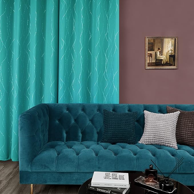 Deconovo Blackout Curtains for Bedroom, Thermal Insulated Soundproof Drapes with Wave Dot Foil Print, 42 x 84 Inch Long, Set of 2, Machine Washable Window Curtain for Living Room Office, Turquoise - Image 3
