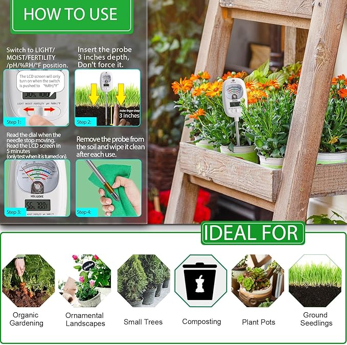 HSLGOVE Soil Test Kit, 7-in-One Soil Moisture Meter/Soil PH Meter/Fertility, Dual Screen Soil Tester w/Digital Soil Temp/Air Temp&Humidity for Plants Gardening,Lawn,Farm Indoor&Outdoor-Ice White - Image 4