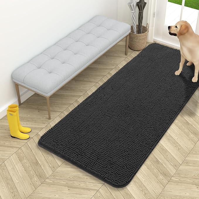 OLANLY Dog Door Mat for Muddy Paws 54x24, Absorbs Moisture and Dirt, Absorbent Non-Slip Washable Doormat, Quick Dry Chenille Mud Mat for Dogs, Entry Indoor Entryway Carpet for Inside Floor, Dark Grey by OLANLY