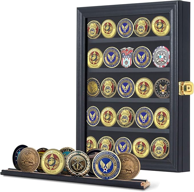 Jinchuan Military Challenge Coin Display Case Lockable Cabinet Rack Holder Shadow Box with Removable 2 Grooves Shelves and Anti Dust Door for Casino Poker Chips Collectibles, Small - Black by Jinchuan
