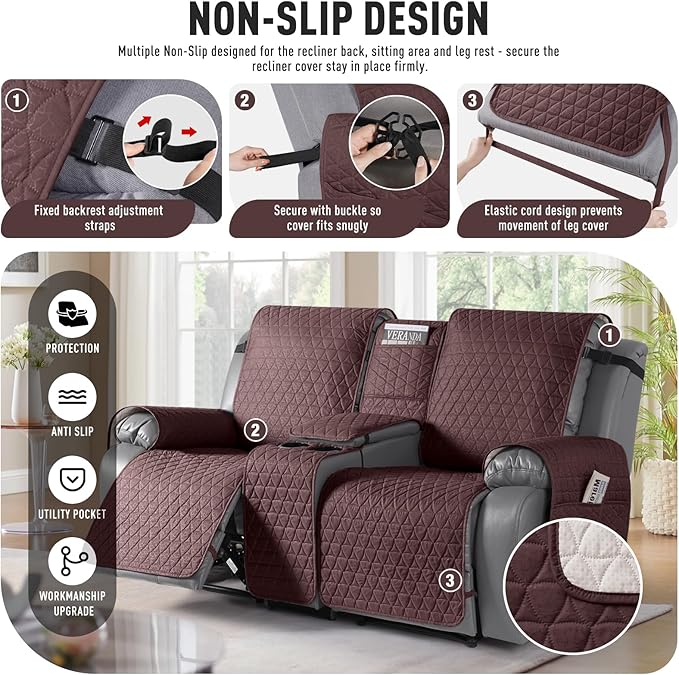 TAOCOCO 100% Waterproof Loveseat Recliner Couch Sofa Covers with Console,Double Reclining Couch Cover Non-Slip Sofa Slipcovers Washable,Furniture Protector Covers for Kids,Pets(2 Seater,Coffee) - Image 5