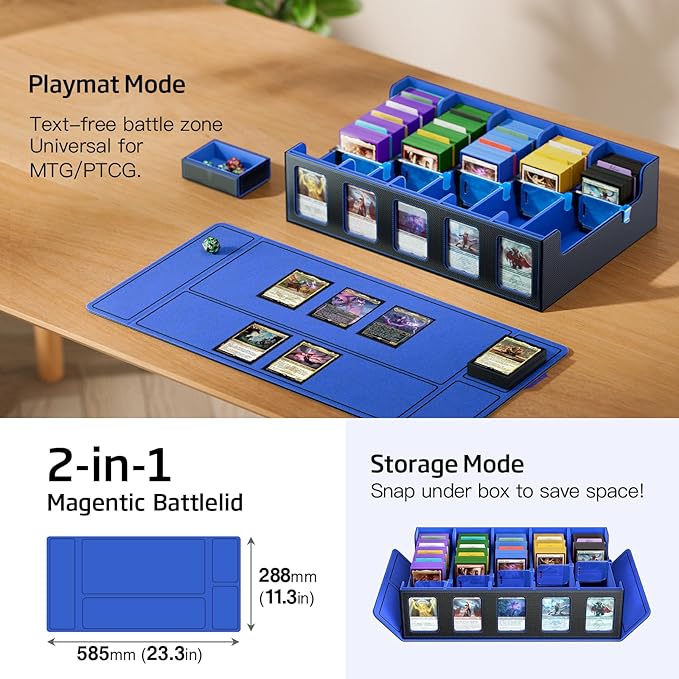 Trading Card Storage Box 5-Row 3900+ Capacity,TCG MTG Card Case with Magnetic Lid & Commander Display,Top Loader Storage for Sports Cards,Includes Dividers Dice Box（Black＆Blue） - Image 6