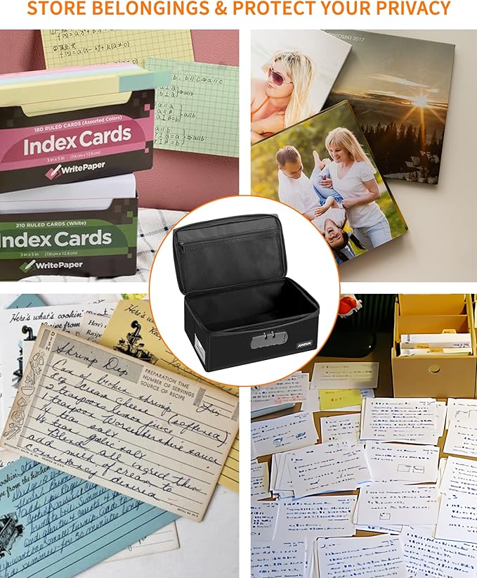 JUNDUN Fireproof Index Card Holder with Lock, Collapsible, Black, 4x6 Inch - Image 7