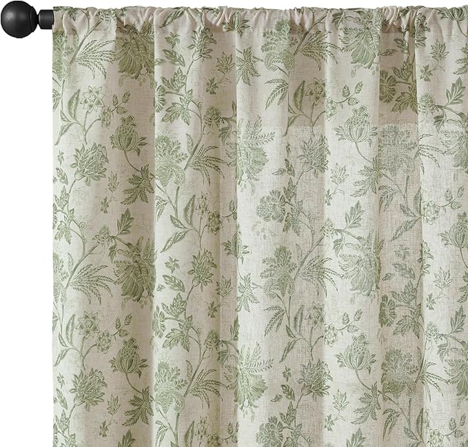 jinchan Linen Floral Curtains for Living Room with Printed Flower 63 Inches Long Light Filtering French Country Back Tab Rod Pocket Sage Green Window Curtain Set Farmhouse Drapes 2 Panels - Image 9