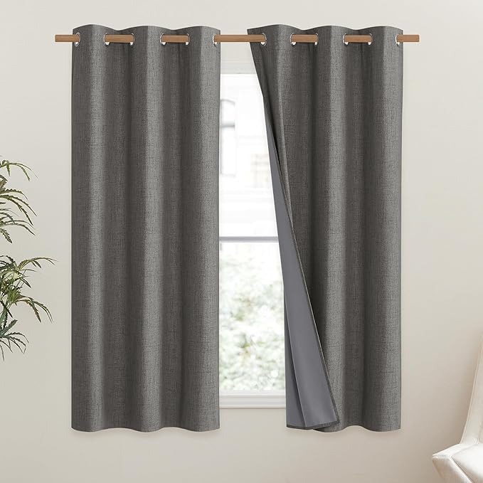 NICETOWN Grizzle Gray Vintage Linen 100% Blackout Curtains for Dining Room, Thermal Insulated Curtains 45" Long, Noise Reducing Window Treatment Drapes for Kitchen, 42" Wide Per Panel, Set of 2 - Image 2