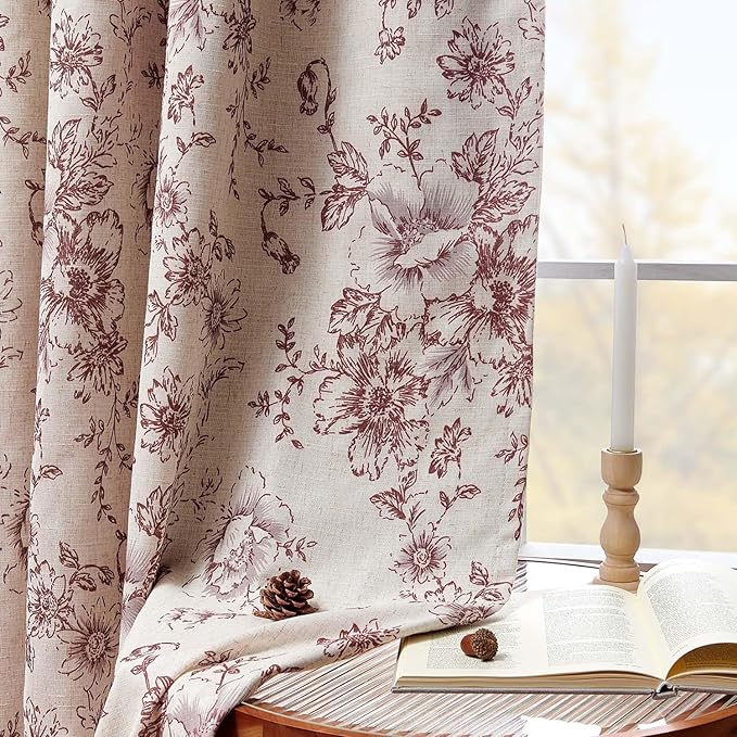 jinchan Blackout Floral Curtains Linen Blend Curtain for Living Room 96 Inch Length Farmhouse Brick Red Flower Printed Drapes for Bedroom Rod Pocket Back Tab Curtains Set 2 Panels - Image 3