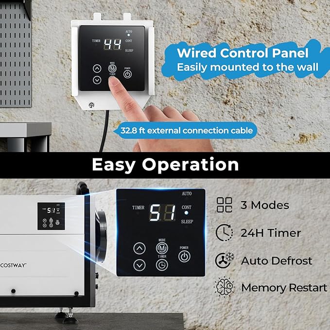 COSTWAY 124 PPD Commercial Dehumidifier, 1300 Sq.Ft Crawl Space Dehumidifier with 9.8 FT Drain Hose & Wired Remote Control Panel, Ideal for Basement, Warehouse, Job Site (White) - Image 2