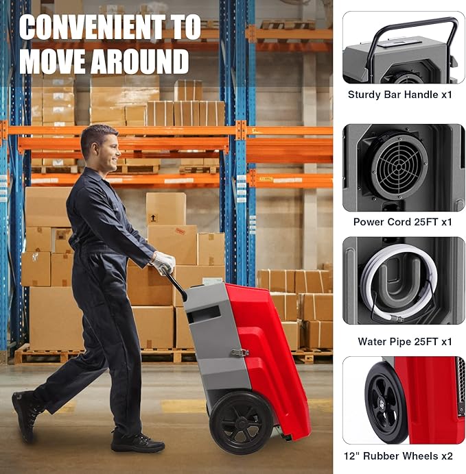 MOUNTO 180Pints Commercial Dehumidifier with Pump and Drain Hose, LGR Portable Dehumidifier with wheels for Home, Basements, Garages, and Job Sites. (Red) - Image 4