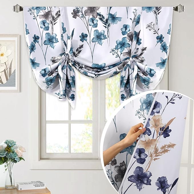 H.VERSAILTEX Tie Up Curtain Double Sided Cattleya Floral Printed Window Valance Balloon Roman Curtain, Rod Pocket,Reversible in Blue/Navy，W 42 x L 36 by HVERSAILTEX