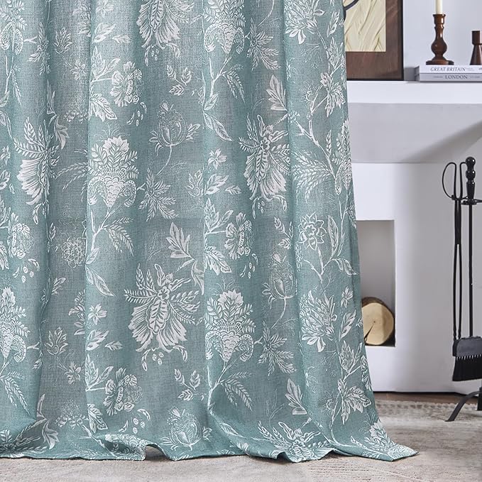 jinchan Linen Floral Curtains for Living Room, 96 Inch Length Curtains with Printed Flower Light Filtering Curtain, Rod Pocket Back Tab Blue Window Treatment Set Bedroom Curtain, 2 Panels Blue - Image 9