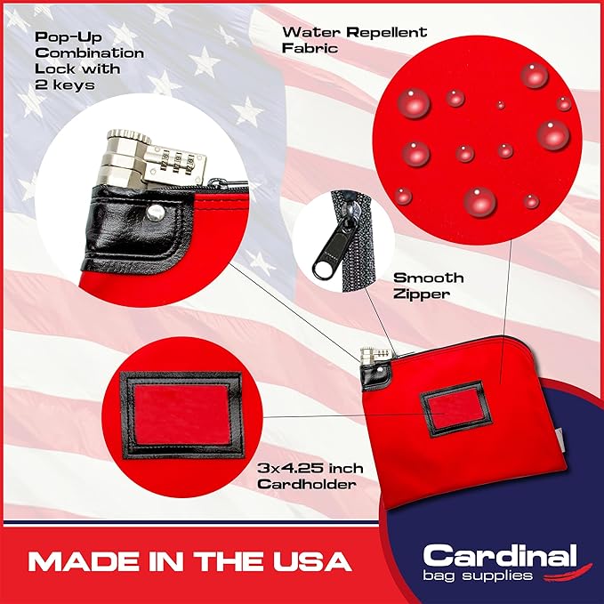 Heavy-Duty Money Bag with Lock – 9" x 12" Water-Repellent Laminated Nylon Bank Deposit Bag with Combination & Keyed Security for Cash, ID Window, Made in USA (Red) - Image 3