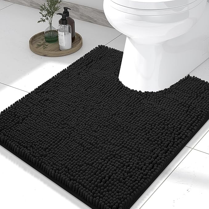 Smiry Luxury Chenille Toilet Rugs U-Shaped 24x20, Soft Absorbent Non-Slip Contour Bathroom Rugs for Toilet, Machine Washable Contoured Bath Mats, Black by Smiry